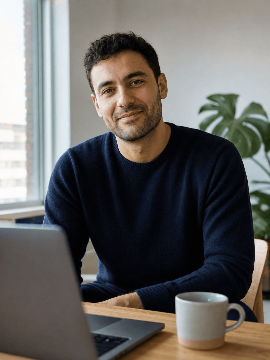Arman Soltani, founder of an AI outbound agency, at his desk in natural light.