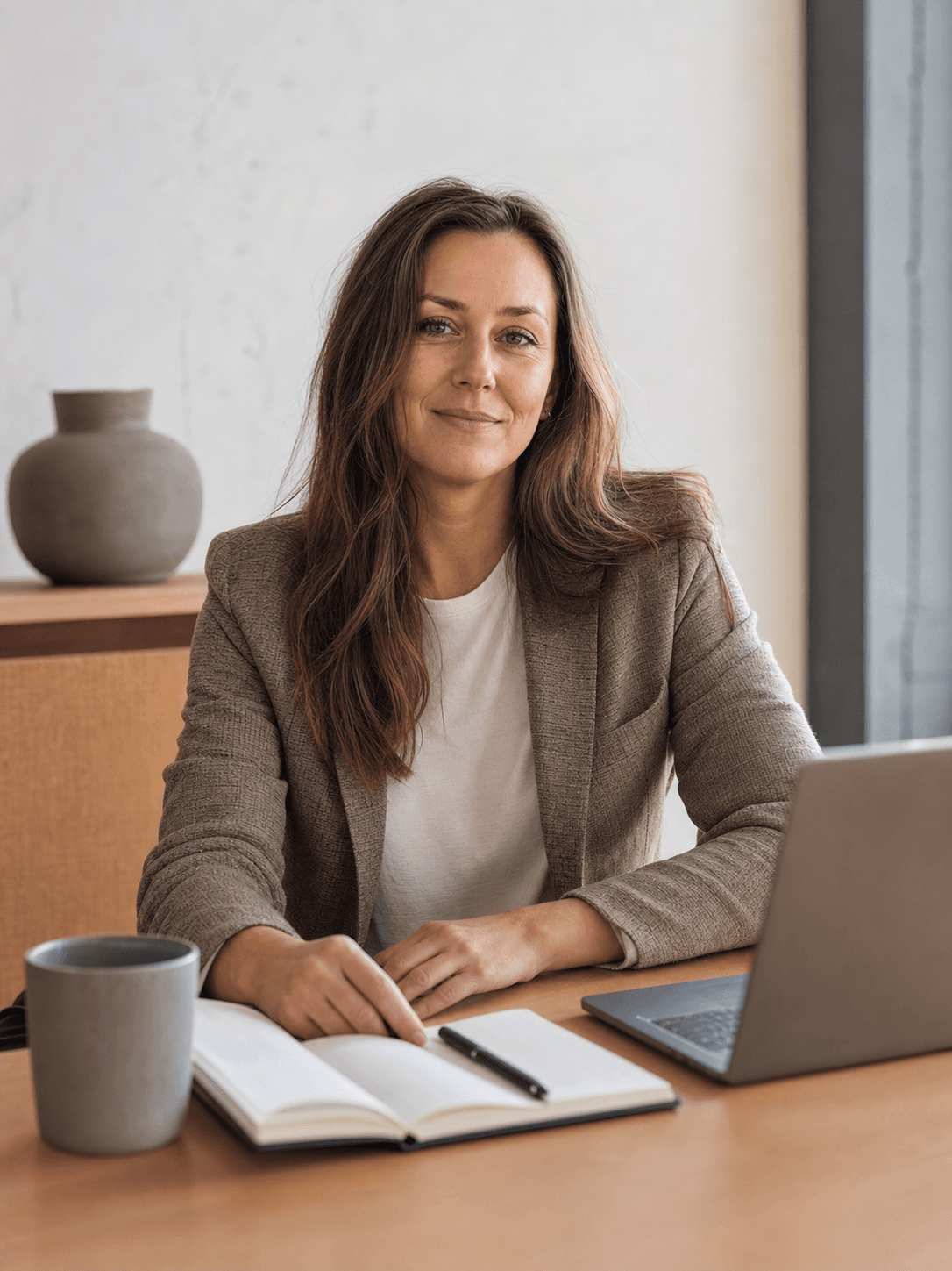 Imogen Whitlock, founder of a B2B SaaS company, in her office in soft window light.