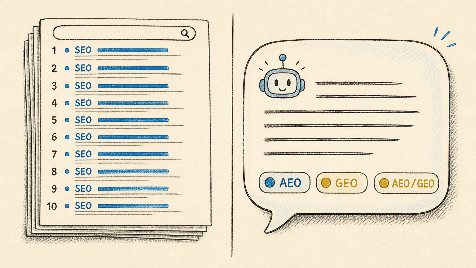 Handdrawn editorial illustration on a cream background splitting two worlds: on the left, a stack of classic search result pages with a search bar and ten blue ranked links labelled SEO; on the right, an AI answer speech bubble with a small robot, lines of generated text, and three cited-source chips labelled AEO / GEO, the shift from ranking links to being cited inside the AI answer
