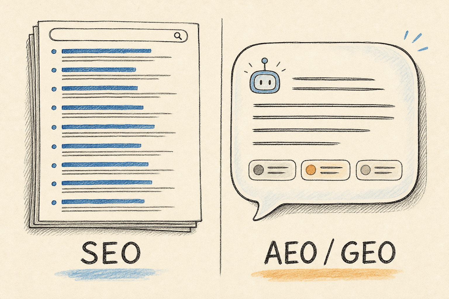 Handgezeichnete redaktionelle Illustration auf cremefarbenem Hintergrund, die zwei Welten teilt: links ein Stapel klassischer Suchergebnisseiten mit Suchleiste und zehn blau gerankten Links, beschriftet mit SEO; rechts eine KI-Antwort-Sprechblase mit einem kleinen Roboter, Zeilen generierten Texts und drei zitierten Quellen-Chips, beschriftet mit AEO / GEO — der Wandel vom Ranken von Links hin zur Zitation in der KI-Antwort