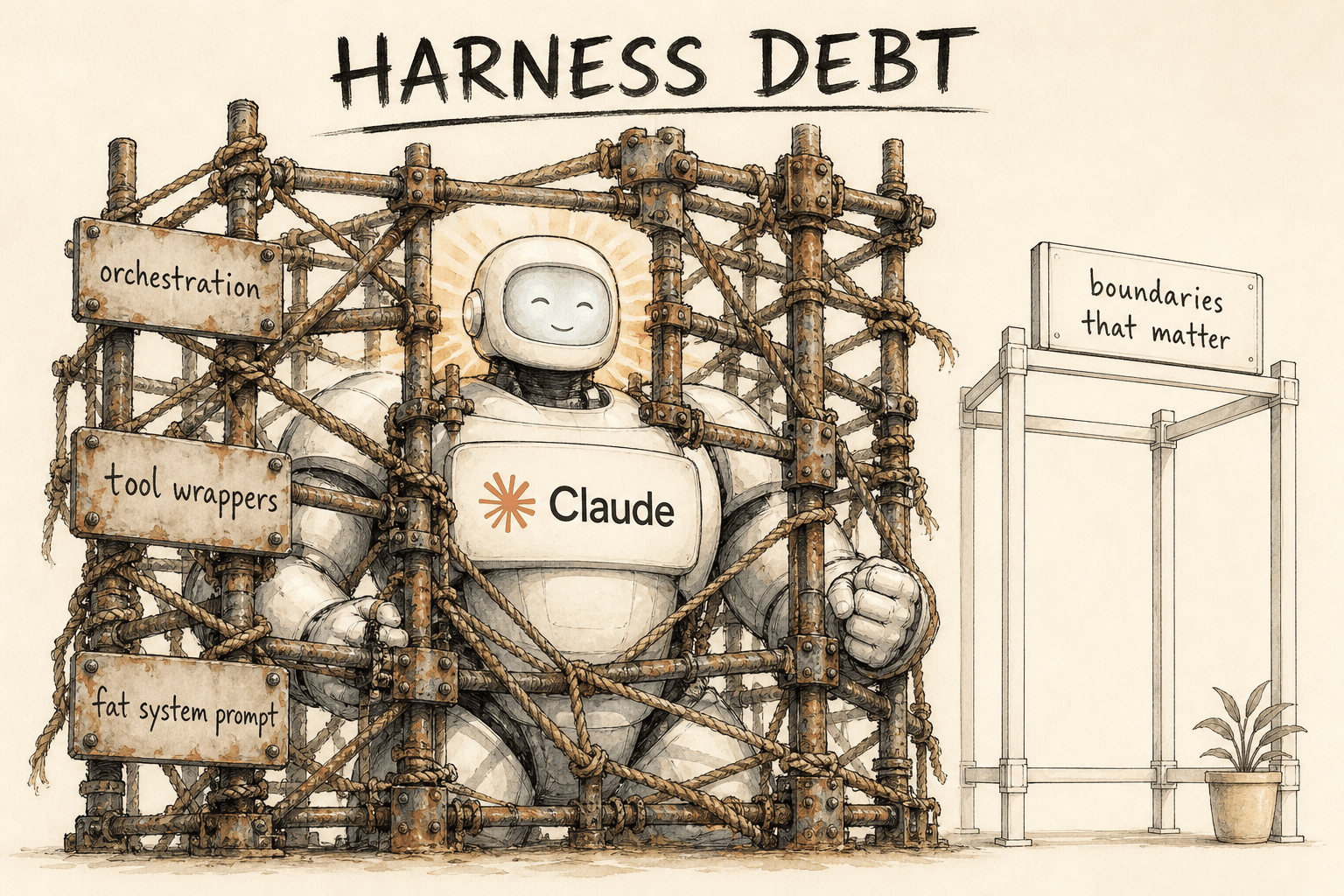 Handdrawn editorial illustration: a capable Claude agent (Anthropic wordmark + symbol legible) straining against heavy scaffolding poles, ropes and bolted-on guard rails labelled "orchestration", "tool wrappers", "fat system prompt"; a lighter, cleaner frame beside it labelled "boundaries that matter"; calm cream background, pen-and-watercolour style