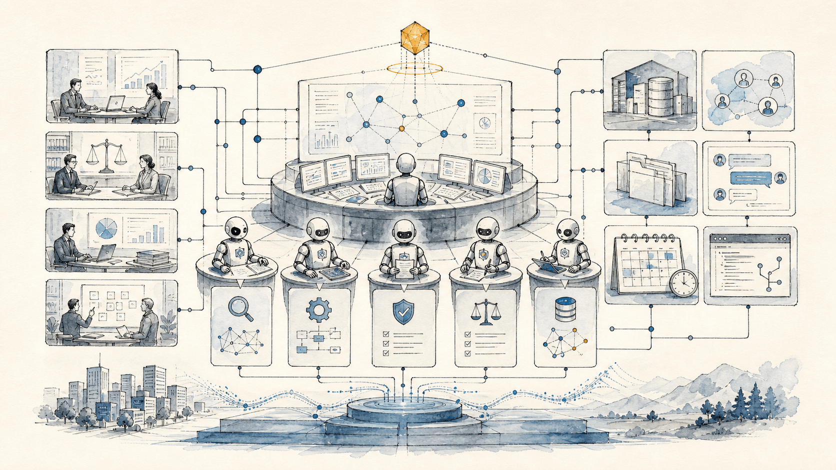 Handdrawn enterprise AI agent fleet diagram with role agents connected to departments, systems, memory, and governance layers