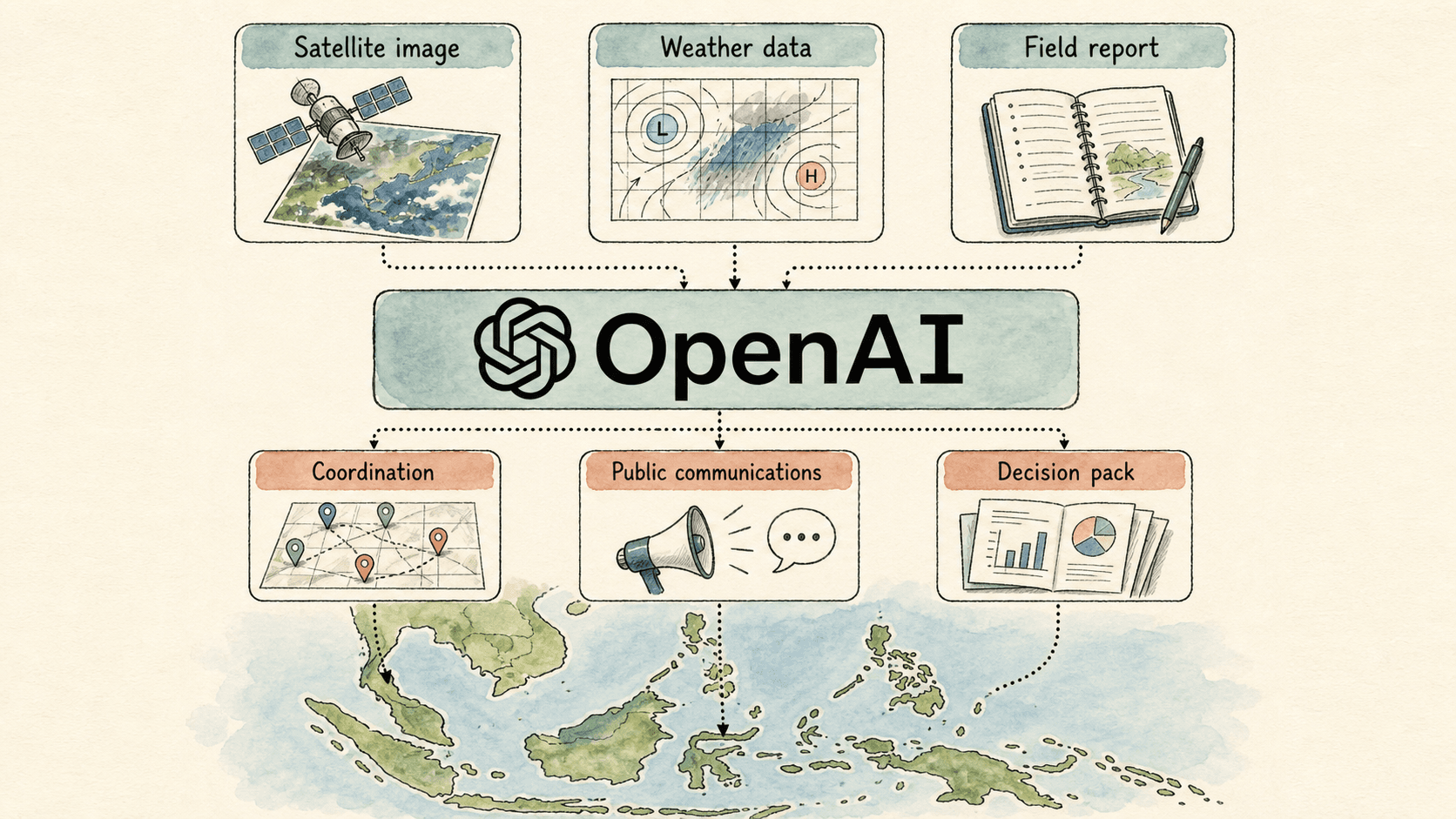 Handdrawn editorial diagram of an AI-assisted disaster response operations layer over a map of South and Southeast Asia, with OpenAI as the AI partner card connected to situation report, needs assessment, and public communications outputs