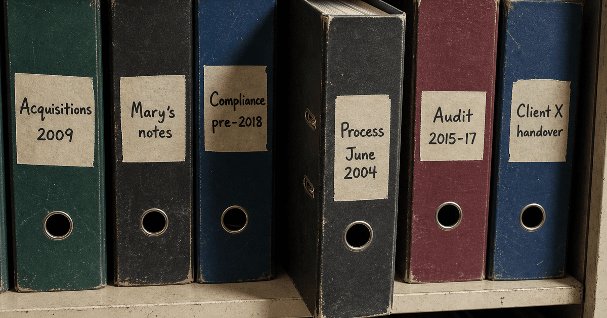 Older retiring colleague handing a worn ring-binder labelled "Processes — Mary, since ’94" to a younger colleague — institutional knowledge in files, not model memory