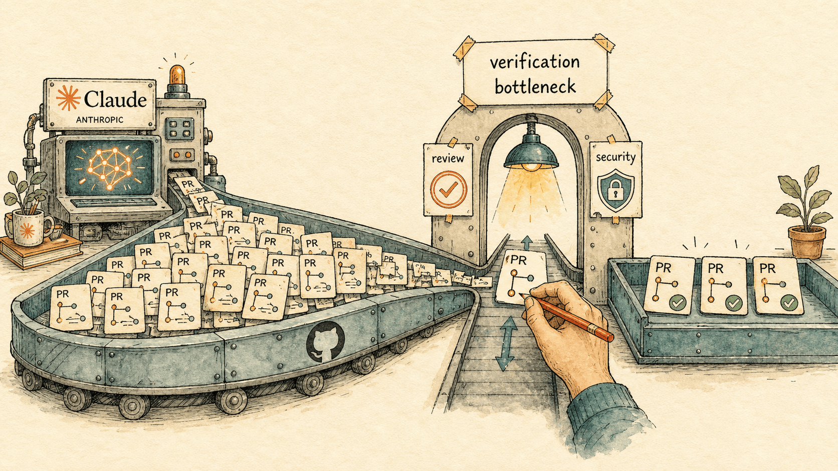 Editorial pen-and-watercolor scene of an AI-native engineering pipeline: a fast stream of AI-generated pull requests flowing from a Claude-assisted source into a single human review-and-security checkpoint that has become the bottleneck, with small Claude and GitHub wordmarks used editorially