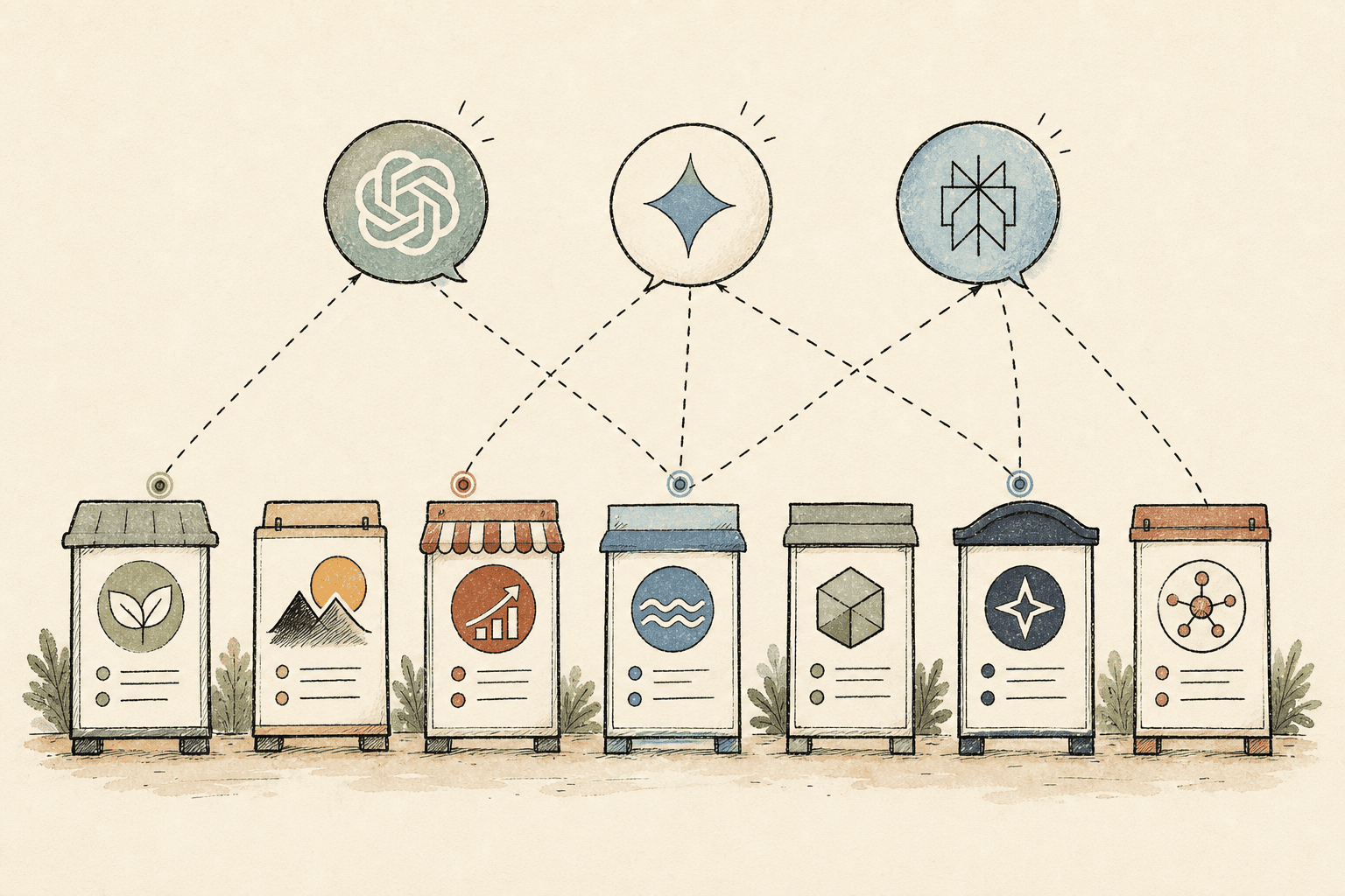 Handdrawn editorial illustration on a cream background: a row of distinct AI search agency profile cards along the lower half, with three AI answer-engine speech bubbles above reaching down with dashed lines to choose which agencies to recommend