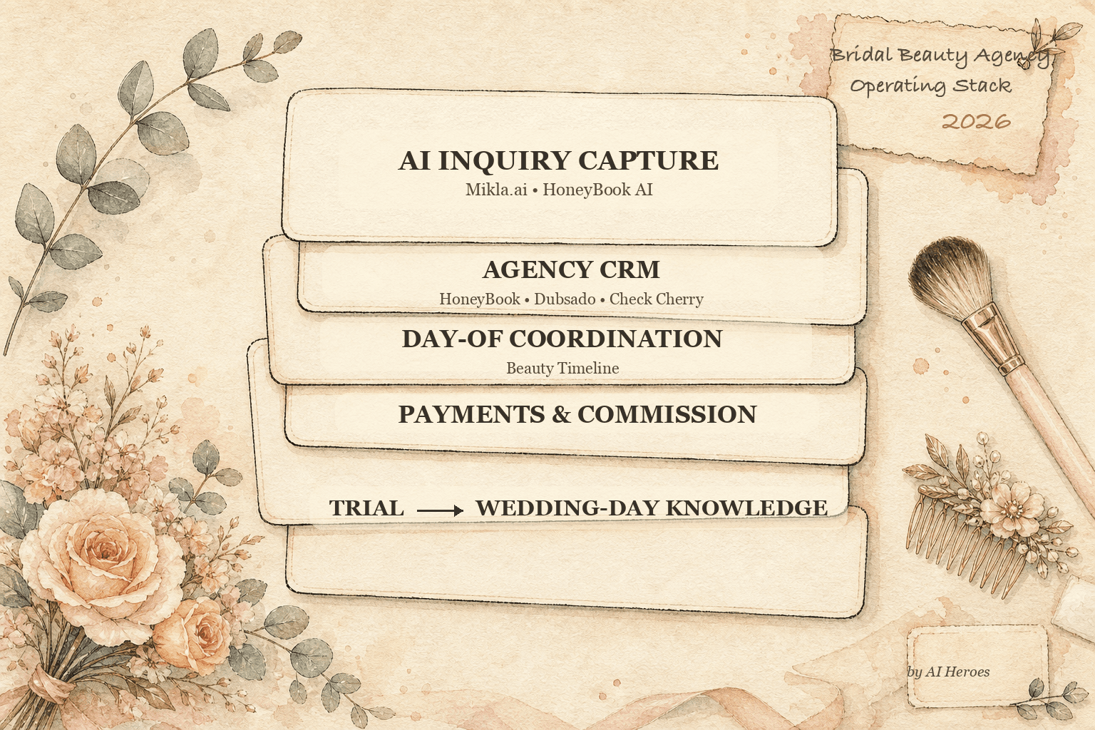 Handdrawn editorial illustration of the Bridal Beauty Agency Operating Stack — five layered cards labelled AI Inquiry Capture (Mikla.ai), Agency CRM (HoneyBook + Dubsado + Check Cherry), Day-of Coordination (Beauty Timeline), Payments & Commission, and Trial-to-Wedding-Day Knowledge Continuity, on a calm cream background with a bridal-beauty pen-and-watercolour aesthetic — soft florals, a bridal makeup brush set, and a small Saturday-morning multi-venue map
