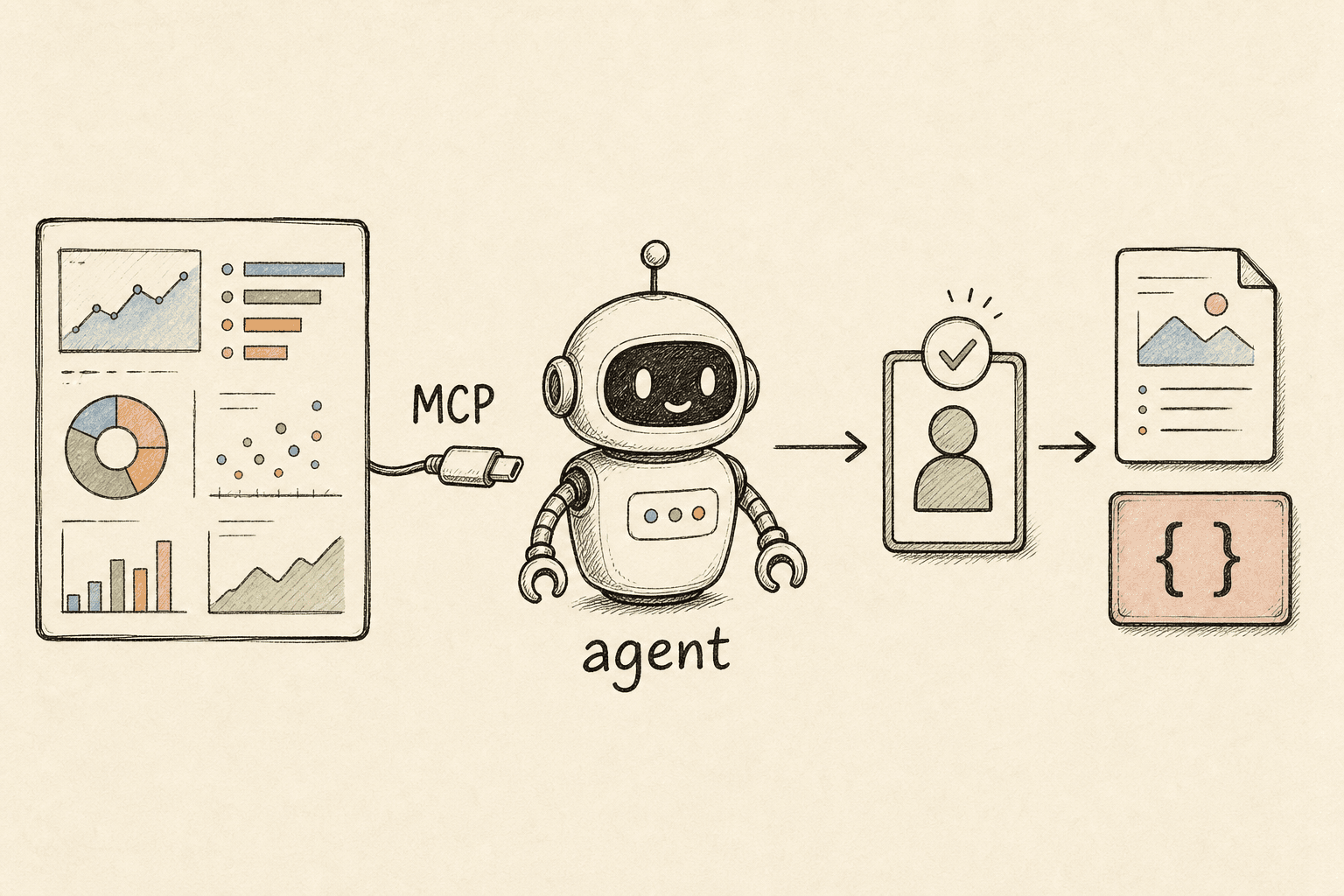 Handgezeichnete redaktionelle Illustration auf cremefarbenem Hintergrund, die die Peec-MCP-Agenten-Pipeline zeigt: links ein Dashboard mit Diagrammen, über ein MCP-USB-C-Kabel verbunden mit einem freundlichen Roboter-Agenten in der Mitte, der über ein menschliches Freigabe-Klemmbrett mit Häkchen zu ausgelieferten Outputs rechts führt — ein Content-Dokument und ein JSON-LD-Schema-Block
