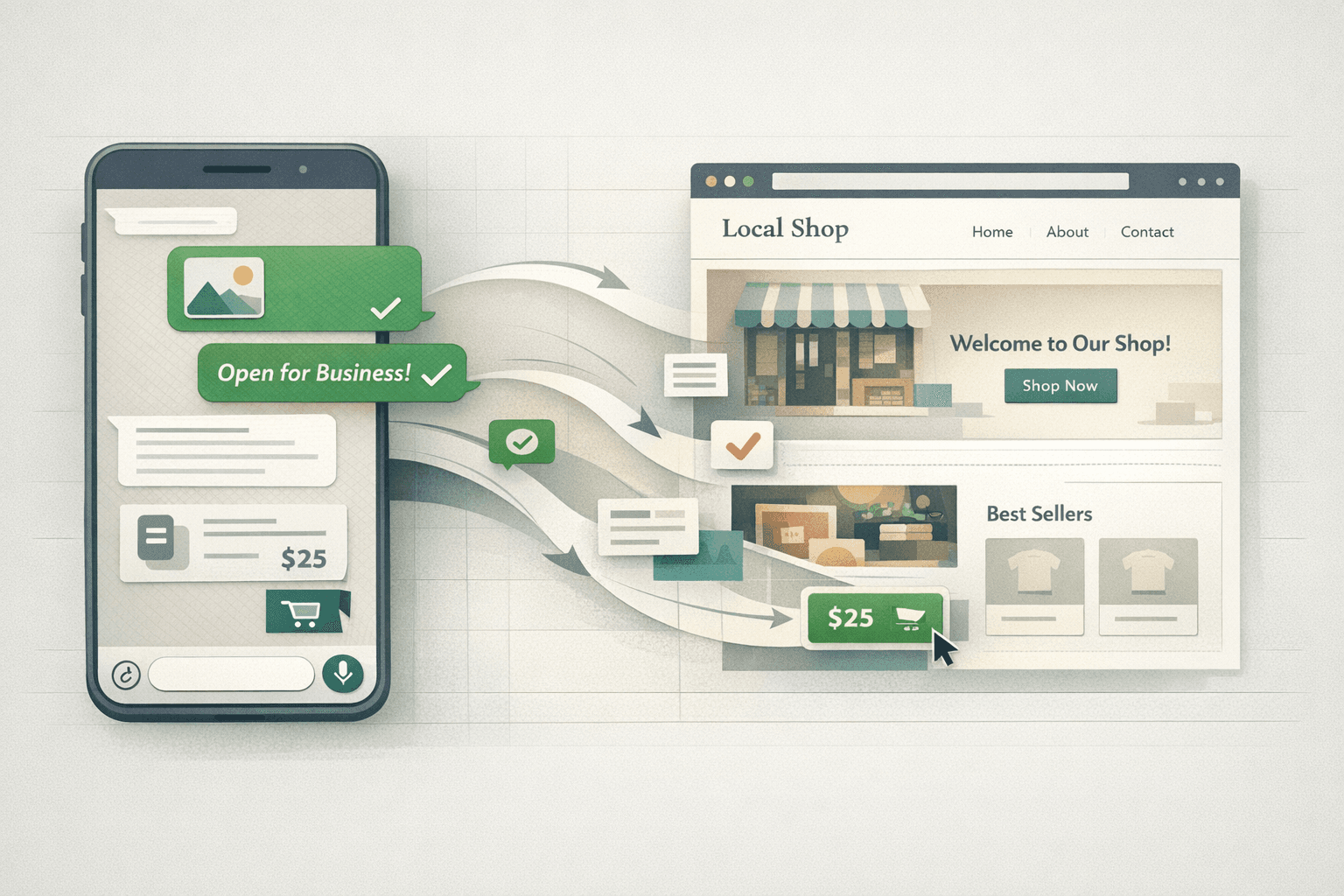A chat conversation on the left turning into a finished website layout on the right, illustrating building a website through WhatsApp