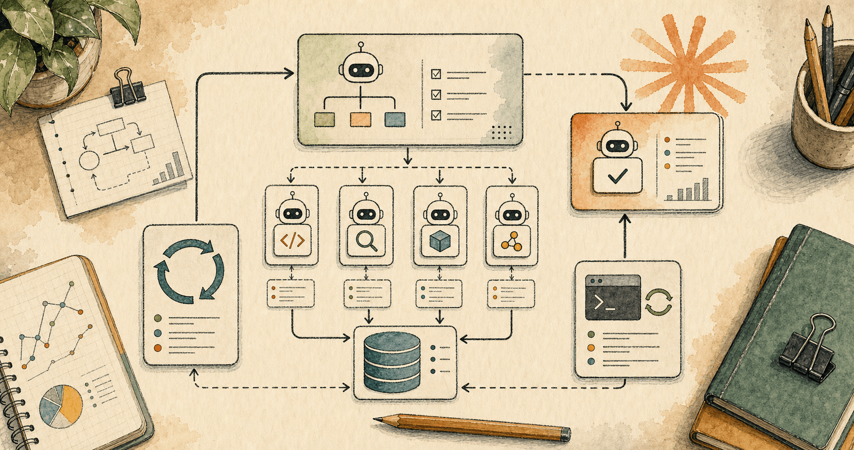 AI Heroes illustration of Claude Code dynamic workflows coordinating planner, worker and evaluator agents around a shared evidence store.