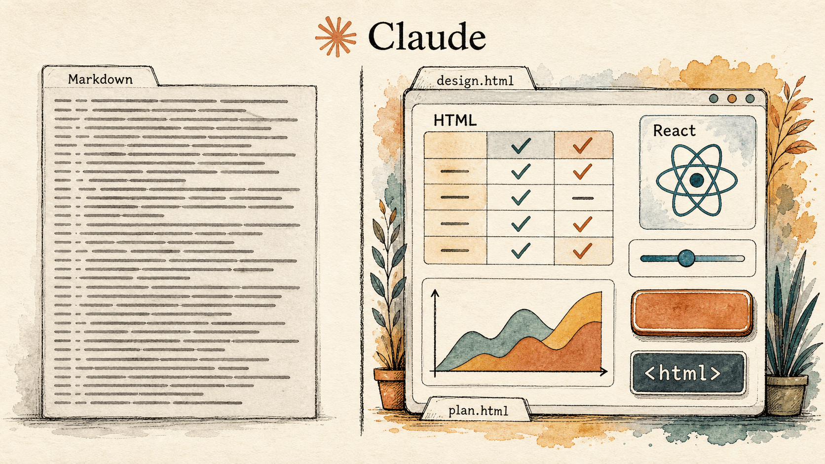 Handgezeichneter Editorial-Spread mit Claude Code, das eine einzelne HTML-Datei mit Optionsraster, eingebettetem SVG-Diagramm und Slider erzeugt — signiert mit Claude-Wortmarke und Anthropic-Symbol