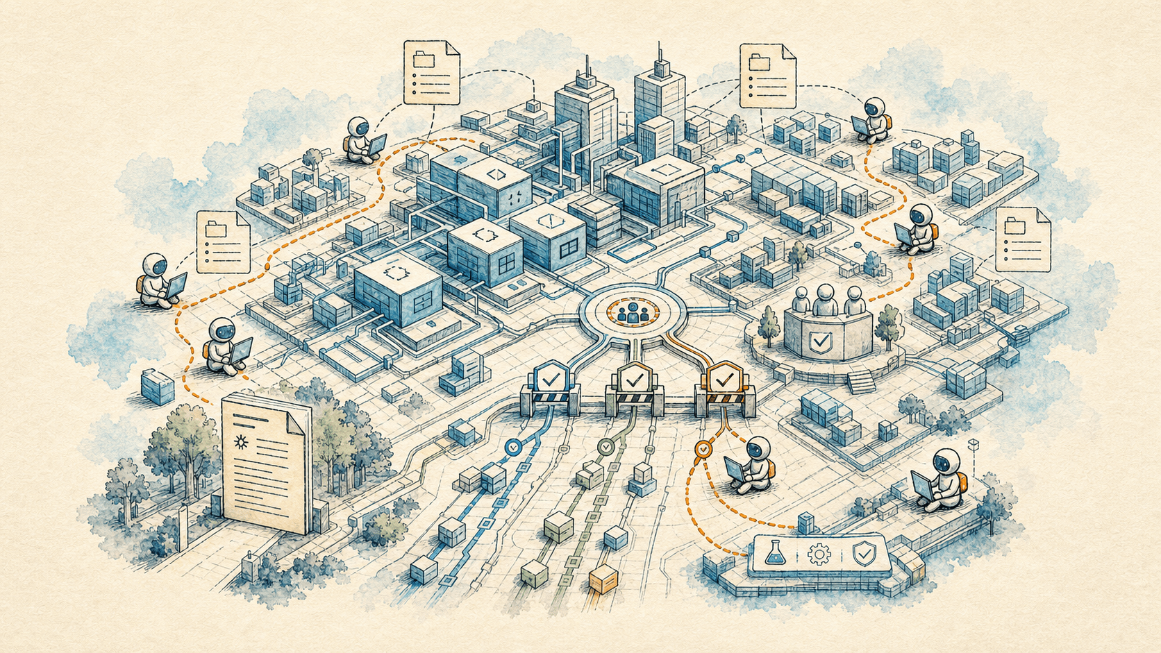 Handdrawn city-scale software codebase with agent figures traversing modules, worktrees, hooks, and review gates