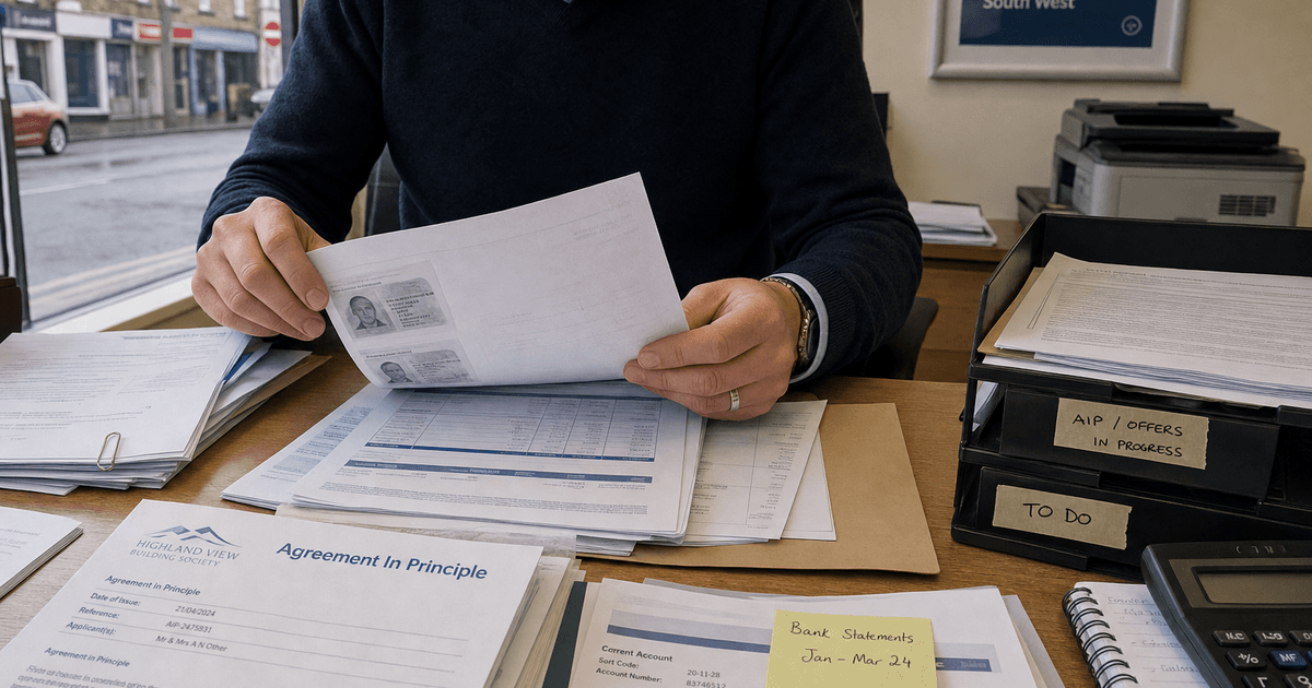 Mortgage case manager carrying lender requirement documents past an overflowing filing cabinet in a UK brokerage office at dawn