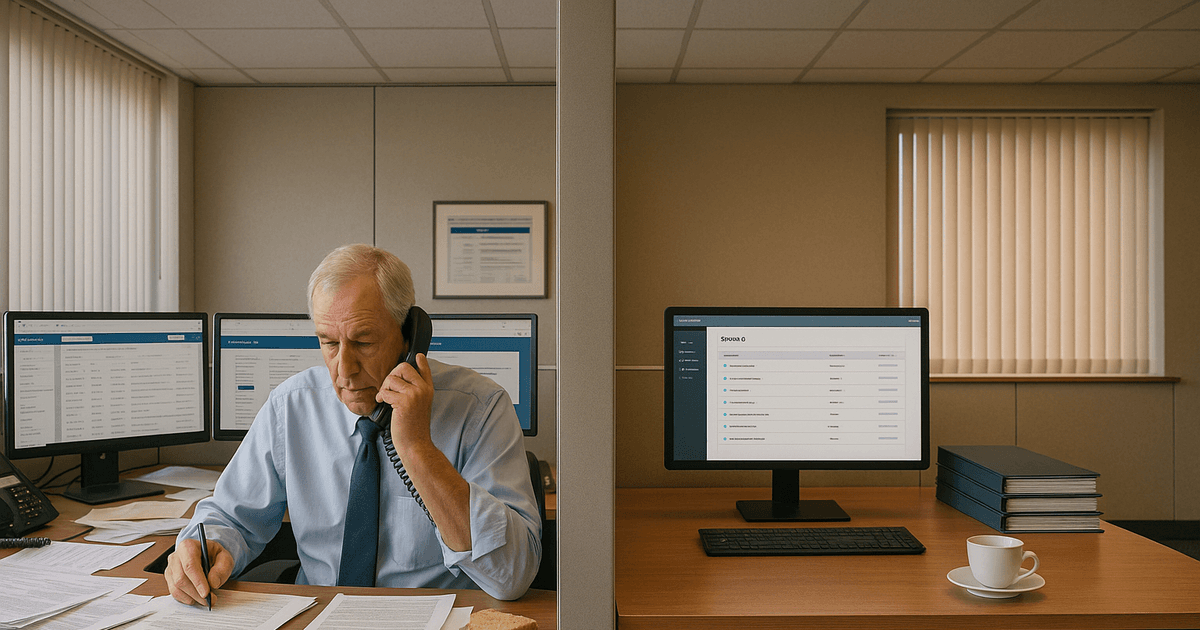 Split view of an insurance broker office — chaotic desk with scattered policy schedules on one side, clean completed renewals on the other