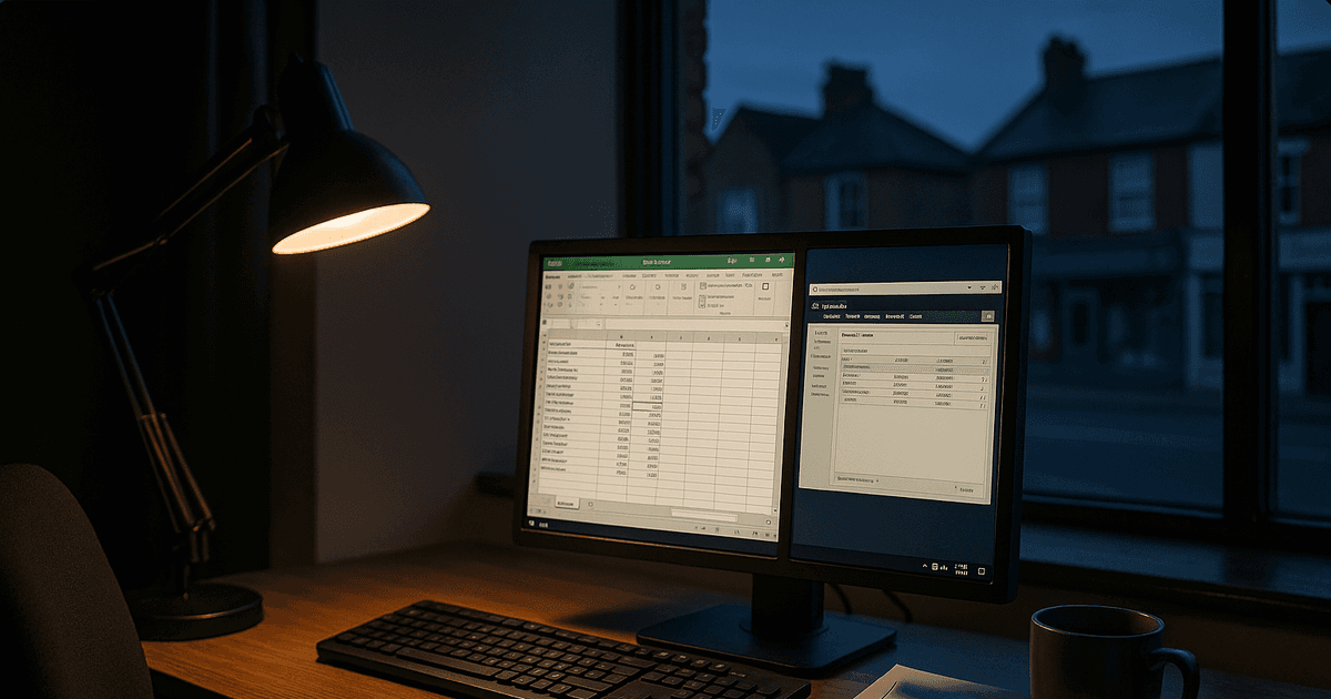 Empty office at dawn with Windows desktop actively running Sage accounting software and Excel spreadsheet — work happening autonomously before anyone arrives