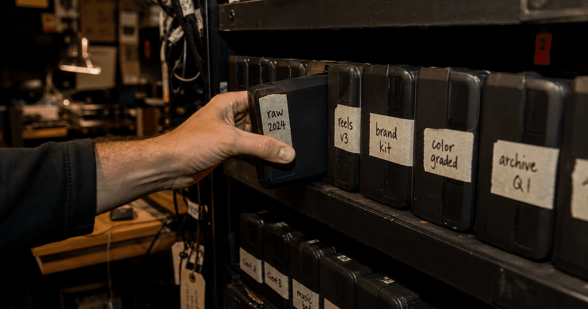 Video post-production producer reviewing brand asset exports thumbnails captions and compliance notes before client delivery