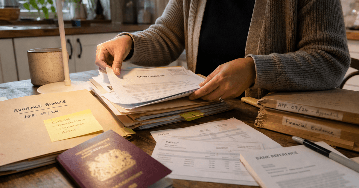 Immigration casework team organizing passport scans payslips screenshots and evidence bundle index for solicitor review
