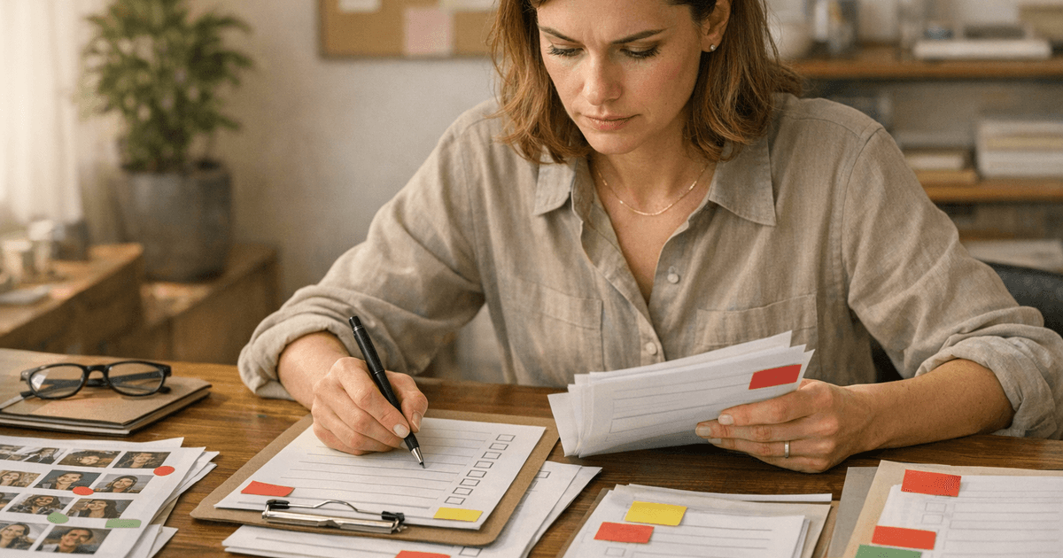 Account Manager einer Influencer-Agentur ordnet Creator-Briefings, Freigabenotizen und Proof-Screenshots auf einem Kampagnen-Desk