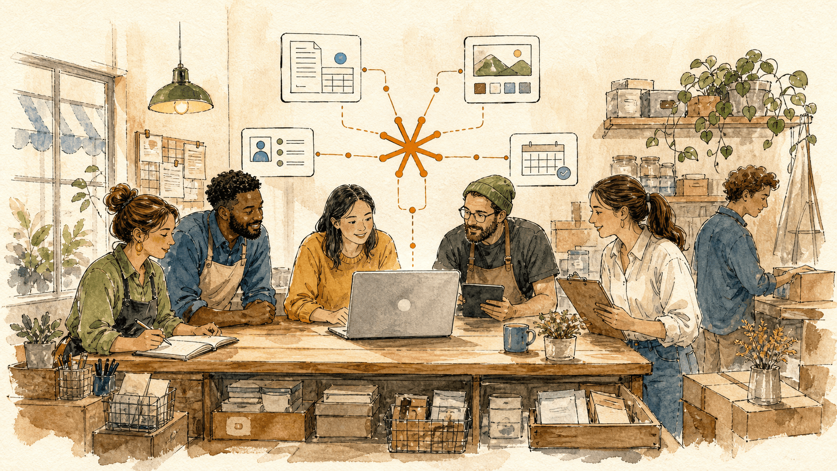 Handdrawn small-business team gathered around a laptop while a warm AI assistant symbol connects finance sales marketing and operations workflow cards