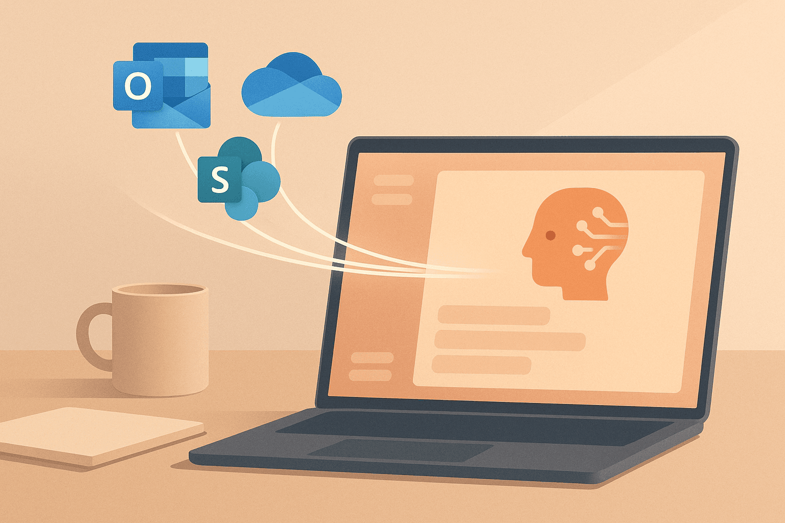 Claude workspace beside Microsoft 365 apps with Outlook, OneDrive, and SharePoint files flowing into a single business briefing