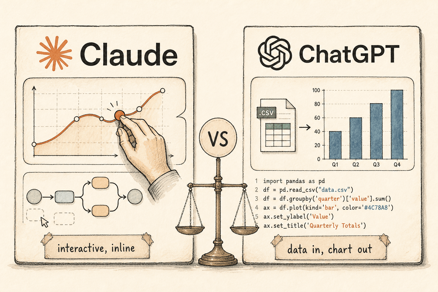Handdrawn editorial split-screen comparison: left card shows Claude (Anthropic wordmark + symbol legible) rendering an interactive curve and a clickable diagram inline in a chat bubble; right card shows ChatGPT (OpenAI wordmark + symbol legible) outputting a static bar chart with visible Python code beside an uploaded spreadsheet; a central balance/decision element between them; calm cream background, pen-and-watercolour style