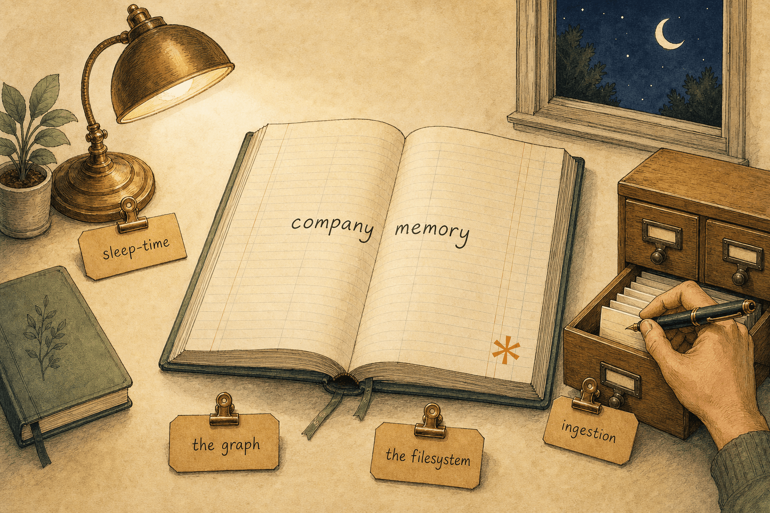 Hand-drawn editorial illustration on cream paper: a night-time study desk where a memory is being filed — a large open ledger labelled 'company memory' glows under a brass desk lamp, beside an open card-catalogue drawer and a hand filing an index card, with small kraft tags reading 'ingestion', 'the graph', 'the filesystem' and 'sleep-time', and a crescent moon in a corner window.