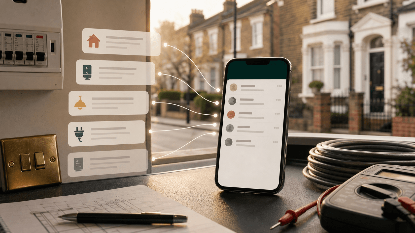 Editorial illustration of local electrical job enquiries flowing from a neighbourhood into a phone showing WhatsApp messages, in the AI Heroes house style.