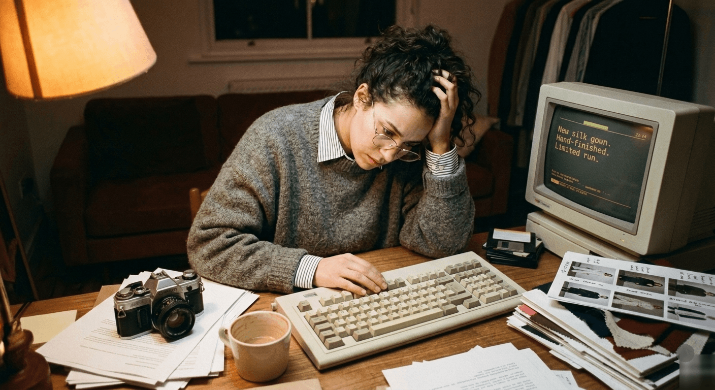 Fashion marketing director stressed at a vintage desk surrounded by fabric samples and product photographs late at night