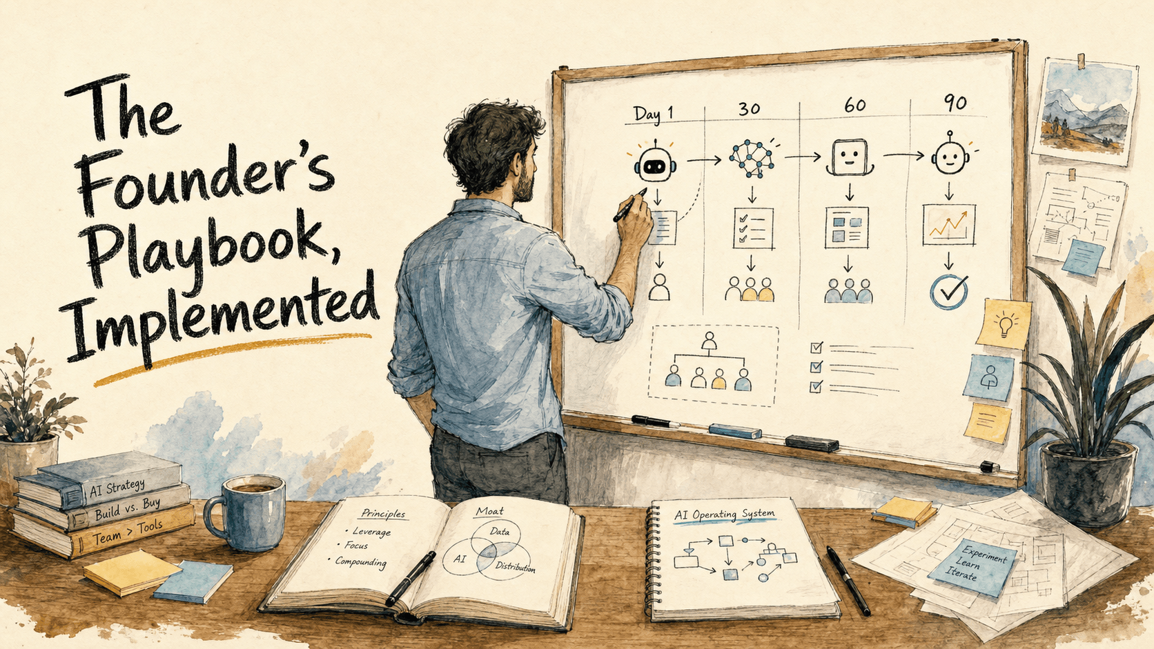Handgezeichneter Founder am Whiteboard, der Lanes für Tag 1, 30, 60 und 90 eines KI-Operating-Plans skizziert, mit kleinen Agenten-Icons und Workflow-Notizen