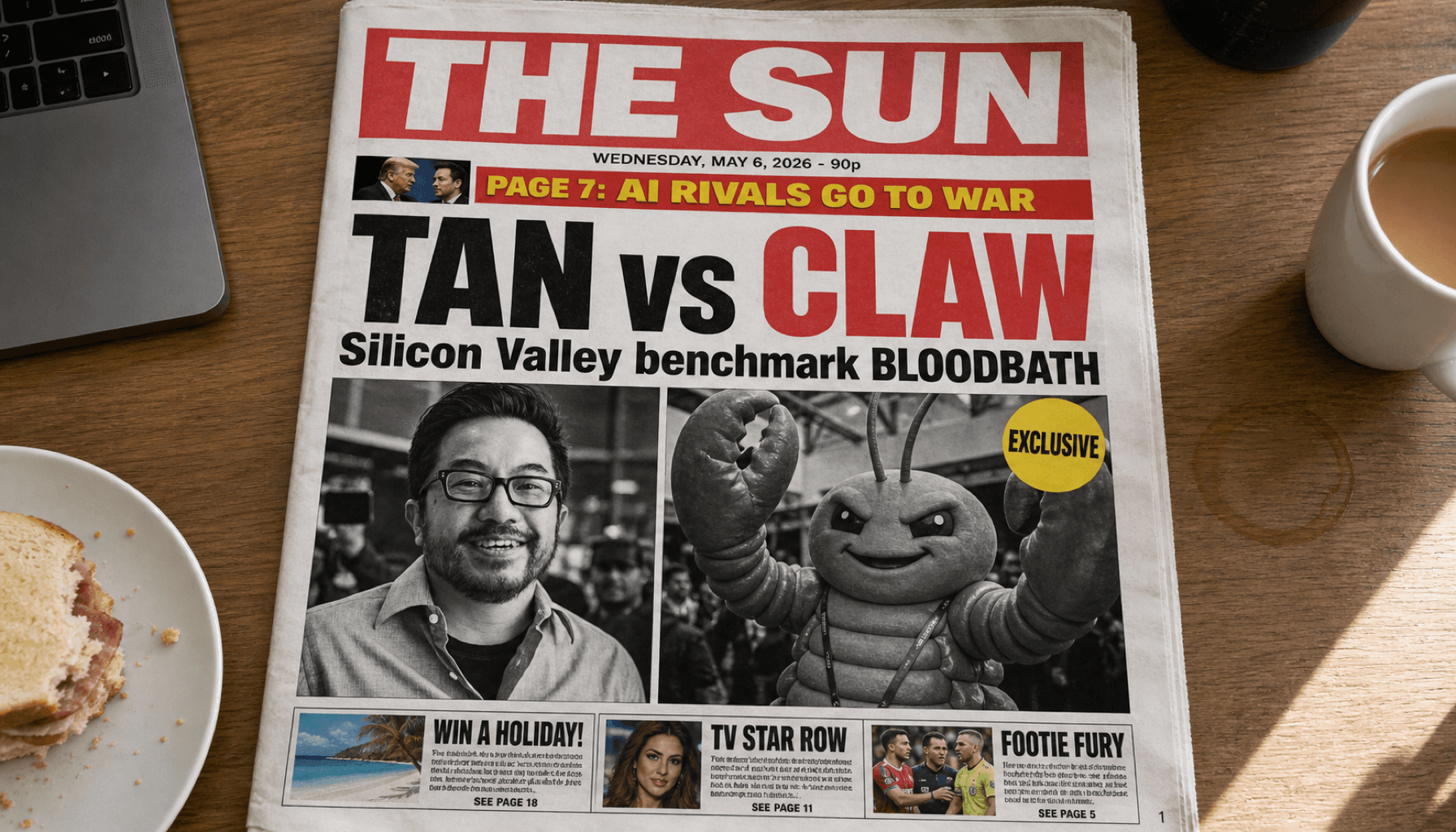 Photograph of a UK Sun-style tabloid newspaper front page lying on a desk — masthead THE SUN, screaming red-and-black headline TAN vs CLAW with deck Silicon Valley benchmark BLOODBATH, split press-photo of Garry Tan and the OpenClaw lobster mascot facing off, yellow EXCLUSIVE sticker, bottom strip of unrelated tabloid teasers, real desk context with bacon sandwich and tea ring