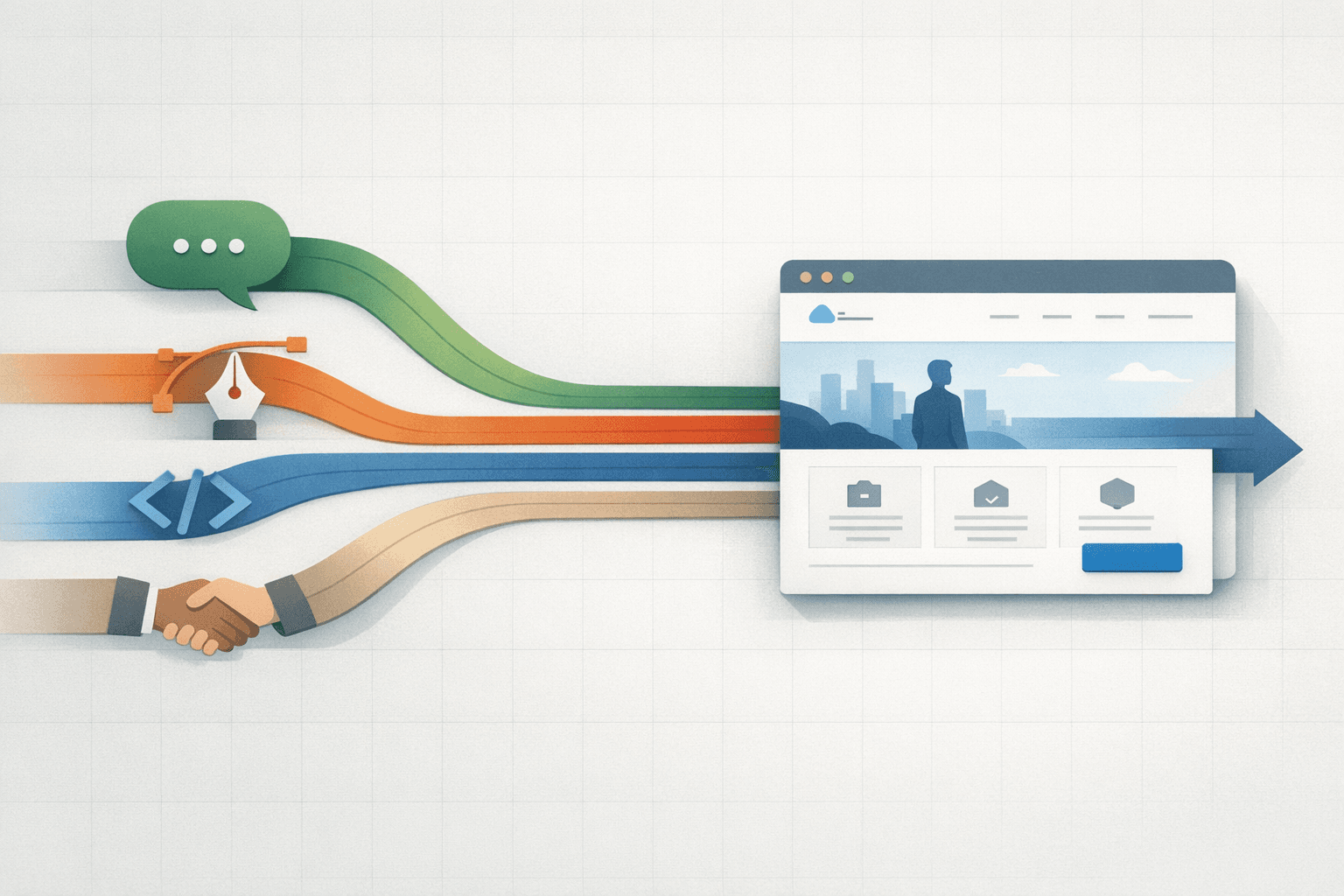 Several different routes (a chat bubble, a designer's pen, a code bracket, a handshake) converging into one finished website, illustrating ways to get a website built for you