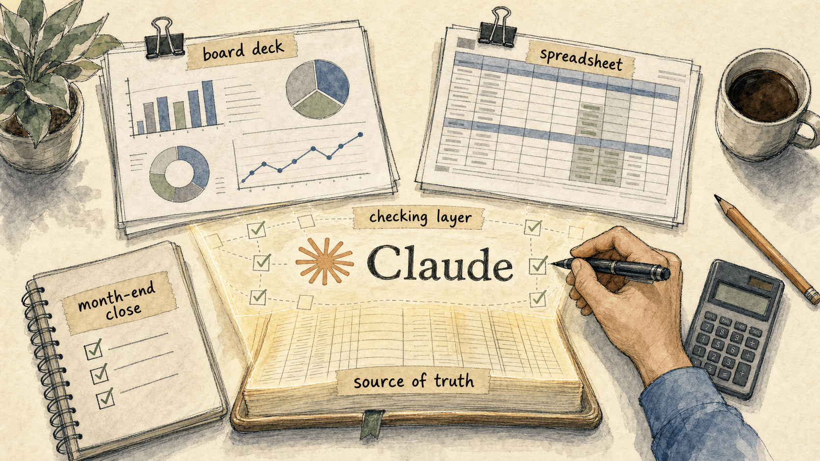 Editoriale Stift-und-Aquarell-Szene eines Finance-Analysten-Schreibtischs: Board Deck und Spreadsheet nebeneinander, darunter ein ruhiges Single-Source-of-Truth-Ledger, mit Claude-Wortmarke auf einer Prüfschicht unter den Zahlen