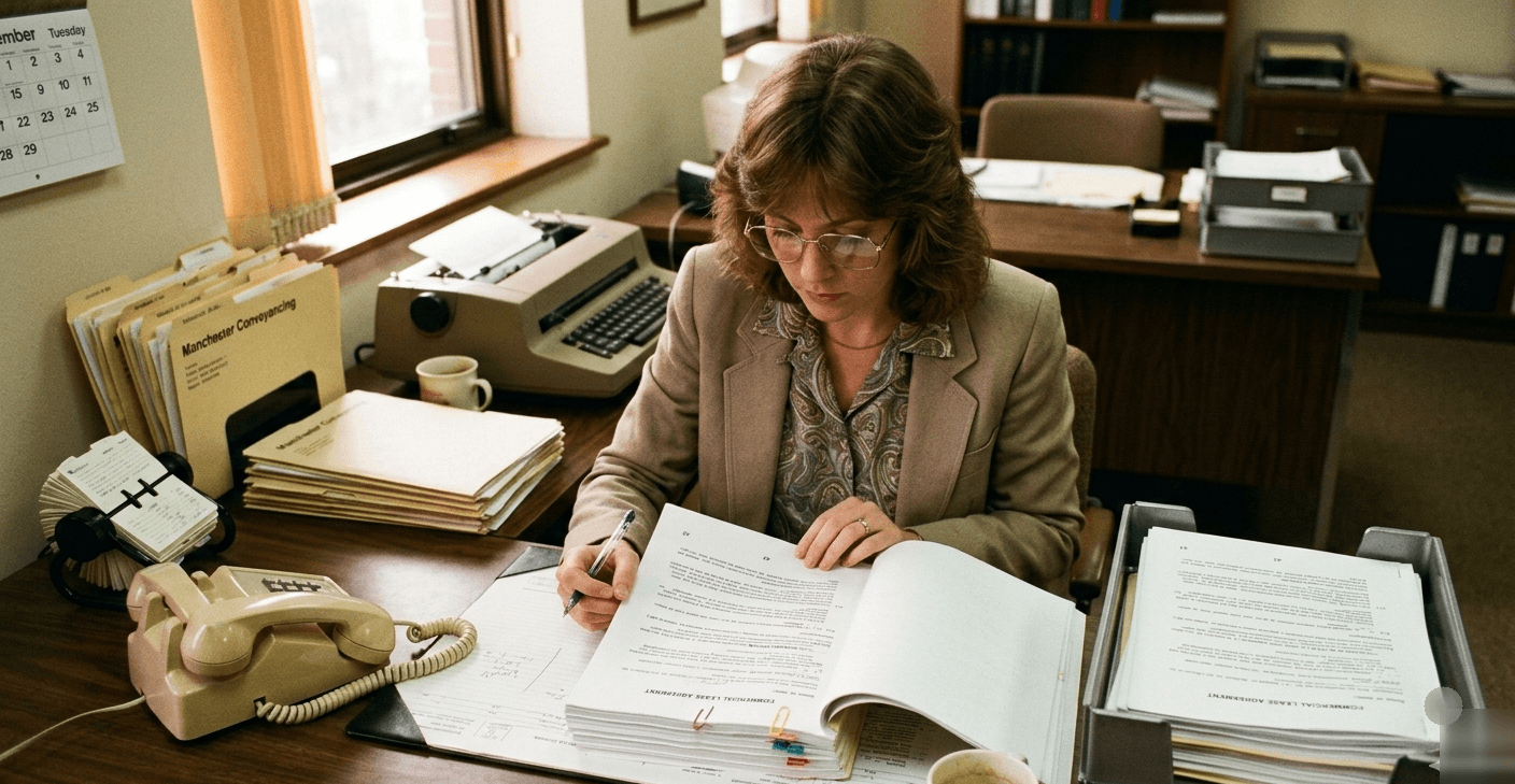 Woman in glasses reviewing stacks of legal documents at a desk with a typewriter and folders labelled Manchester Conveyancing