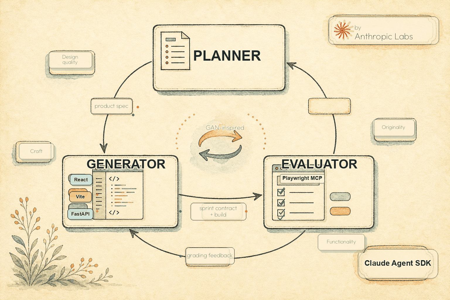 Handdrawn editorial diagram of the Generator-Evaluator harness pattern — a three-agent triangle with a Planner agent expanding a 1-4 sentence prompt into a product spec, a Generator agent building feature-by-feature using a React + Vite + FastAPI + SQLite stack, and an Evaluator agent using Playwright MCP to navigate the live app and grade against design quality, originality, craft, and functionality criteria; file-based handoff arrows between the three agents; by Anthropic Labs wordmark top-right, Claude Agent SDK badge bottom-right