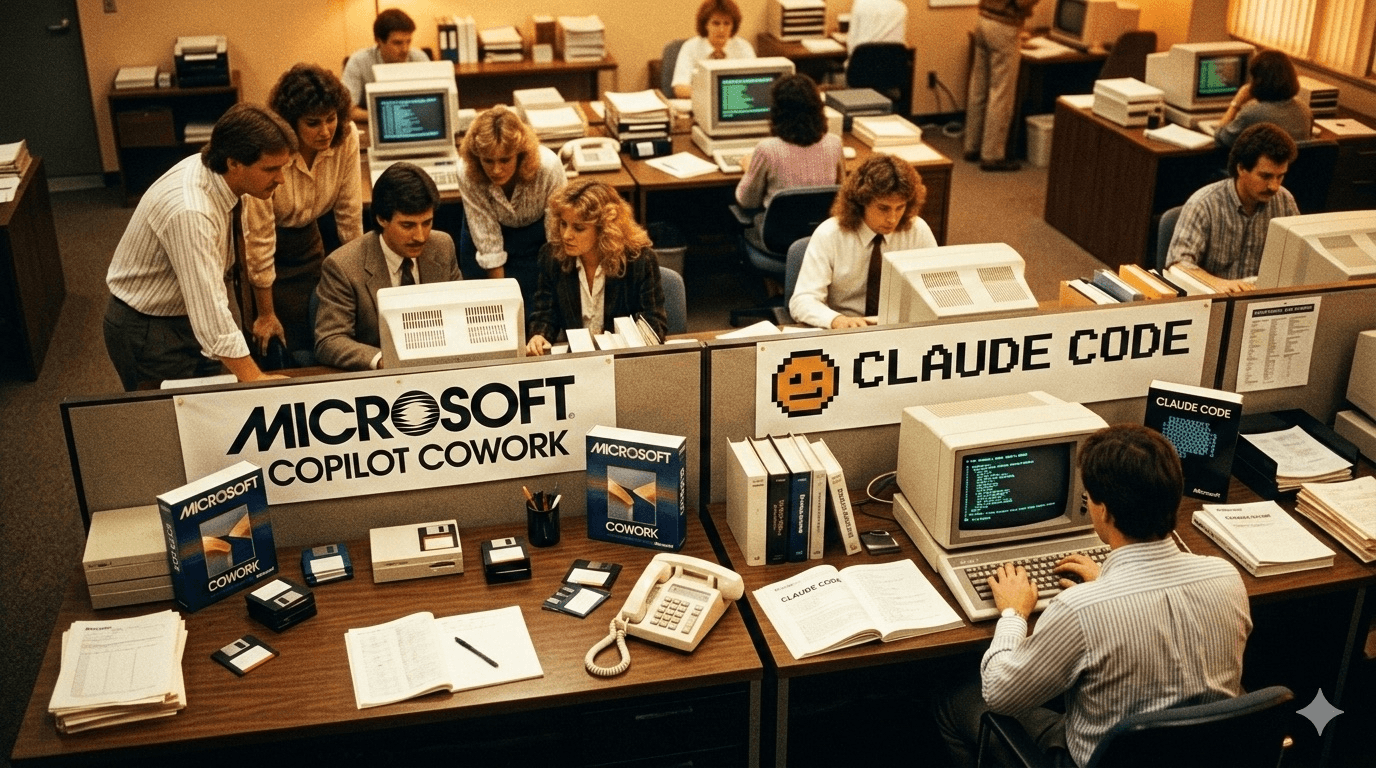 Retro 80s office split between Microsoft Copilot Cowork and Claude Code teams — comparison of two agentic AI tools for enterprise 2026