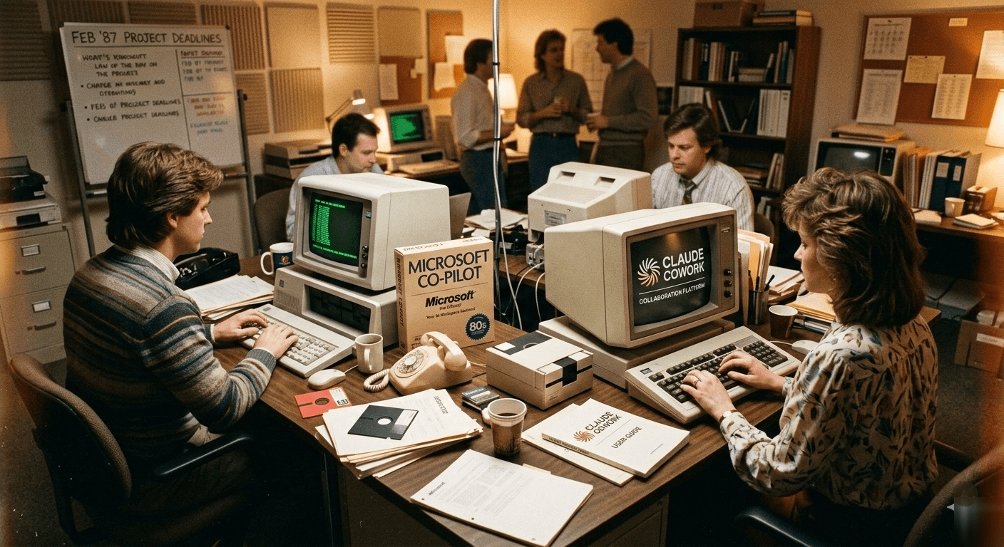 Retro 80s office showing Microsoft Co-Pilot and Claude Cowork side by side — comparison of two autonomous AI agents in 2026