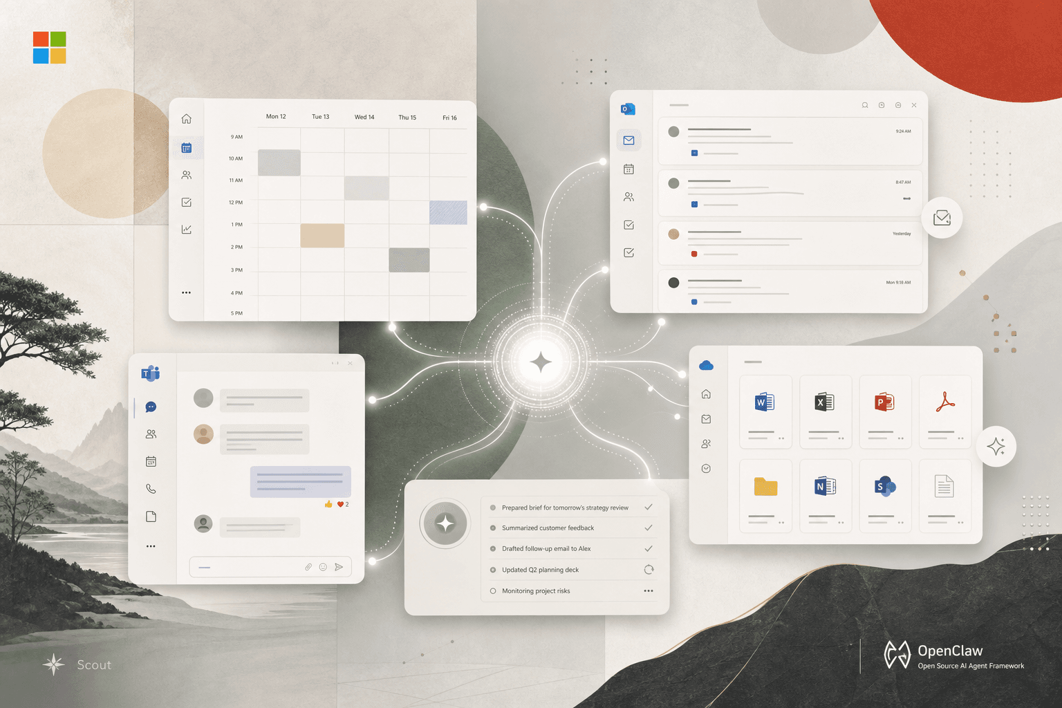 Editorial illustration of Microsoft Scout as an always-on Autopilot agent working autonomously across a Microsoft 365 workspace — calendar, email, Teams and files — built on the open-source OpenClaw framework, 2026