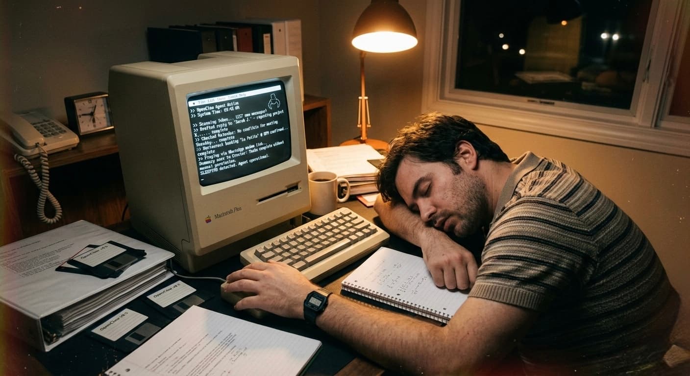 A developer asleep at a vintage Mac while OpenClaw agents work through the night — the house keys problem visualised