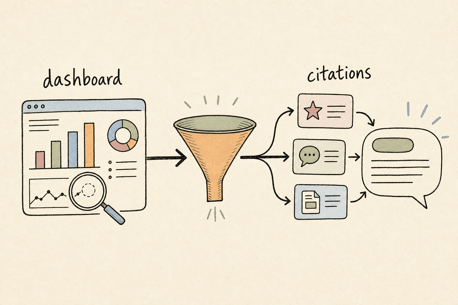 Handdrawn editorial illustration on a cream background: an AI-search dashboard of charts and a magnifying glass on the left feeds through a funnel in the centre, which sorts into three citation chips โ a review star, a community comment, and a reference source โ that flow into an AI answer speech bubble on the right; the path from dashboard data to AI citations
