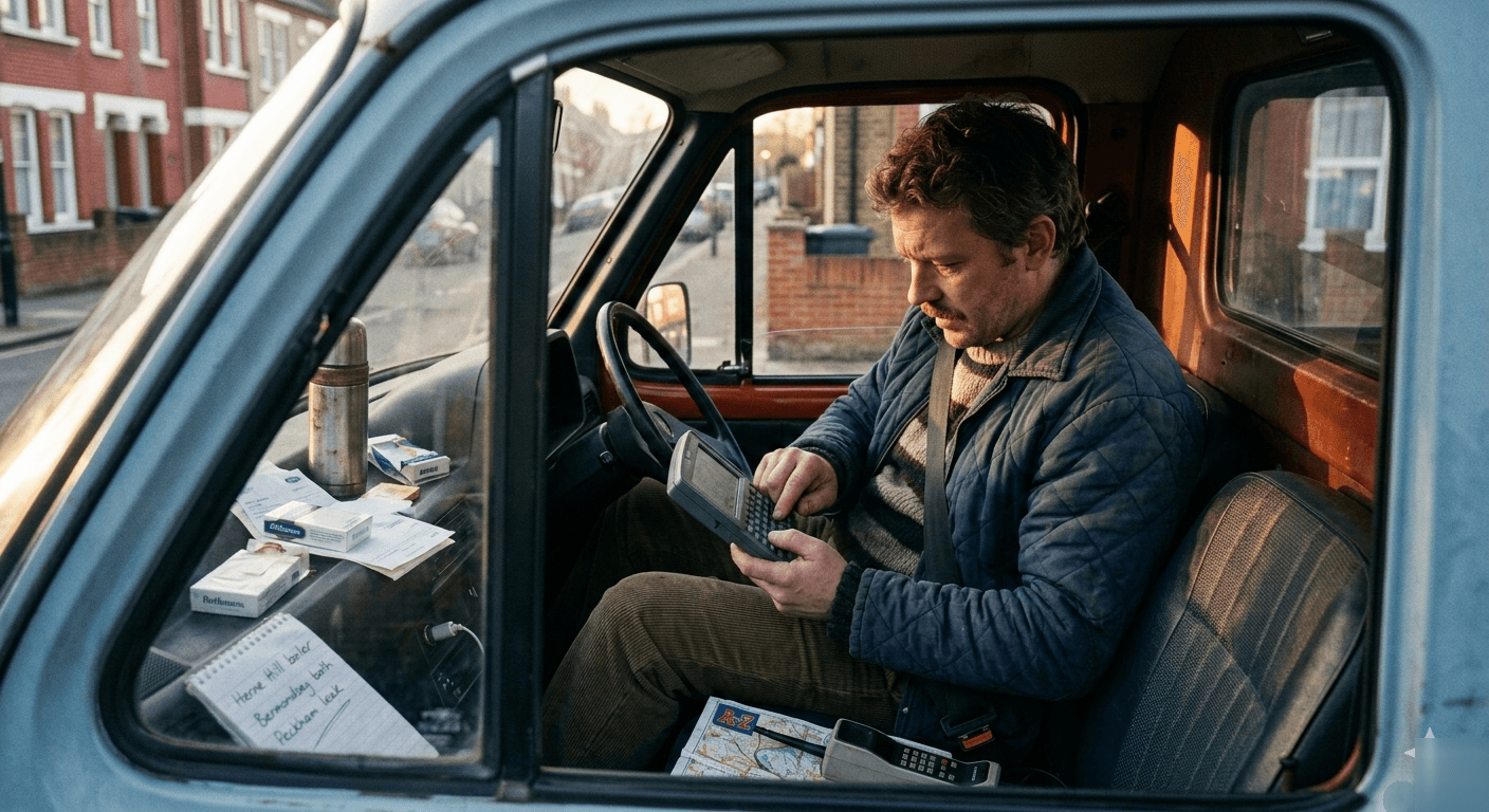 London plumber in a vintage Transit van checking his phone for job enquiries on a South London street