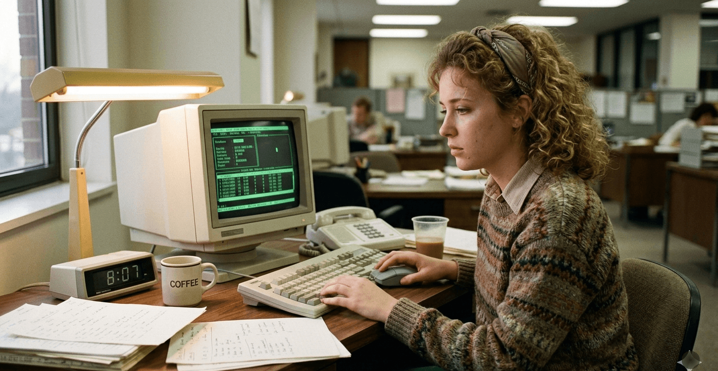 Young sales professional working at a desk with a computer screen showing data in a modern office