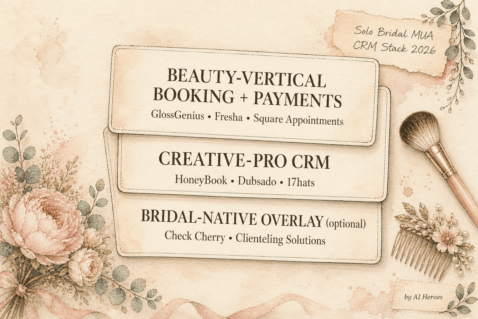 Handdrawn editorial illustration of the Solo Bridal MUA CRM Stack — three layered cards on a cream background labelled Beauty-Vertical Booking + Payments (GlossGenius, Fresha, Square), Creative-Pro CRM (HoneyBook, Dubsado, 17hats), and Bridal-Native Overlay (Check Cherry, Clienteling Solutions), surrounded by tasteful bridal-beauty pen-and-watercolour details — a makeup brush, a Saturday-morning calendar with one event circled, and a soft floral sprig