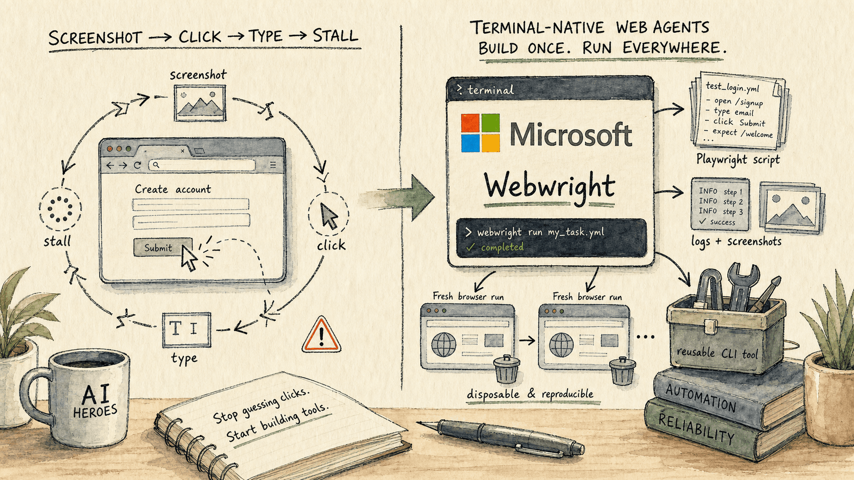 Handdrawn editorial system diagram contrasting a fragile screenshot click loop with Microsoft Webwright's terminal-native browser automation workflow: Microsoft Research and Webwright logo card, Playwright script, disposable browser sessions, logs, screenshots, and reusable tool library on cream paper