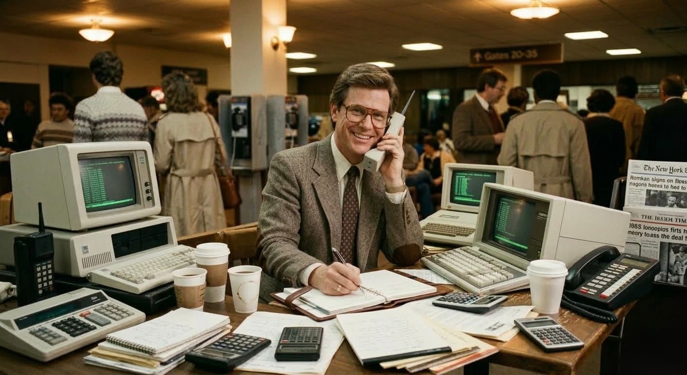 Consultant in a dark suit standing in a glass high-rise boardroom, illustrating the rise of the AI-native 10x management consultant.
