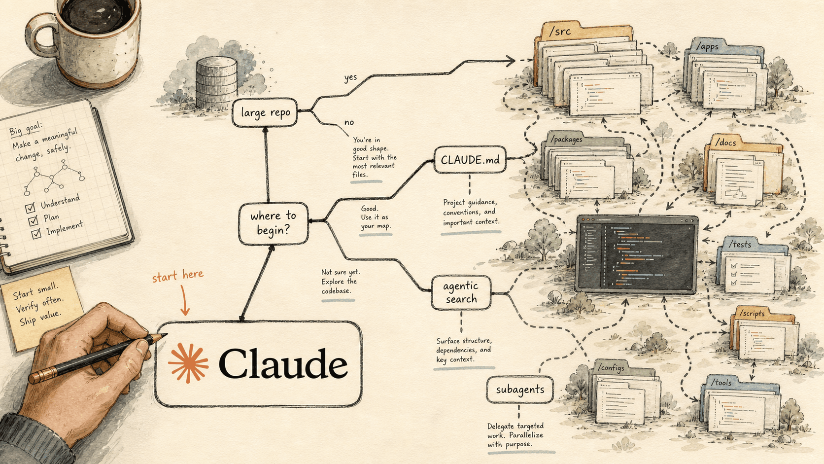 Editorial pen-and-watercolour branching decision tree inside a large codebase, with repo-shape paths for monorepo, legacy, and multi-repo work leading to Claude Code mechanics like CLAUDE.md scoping, subagents, agentic search, and /compact