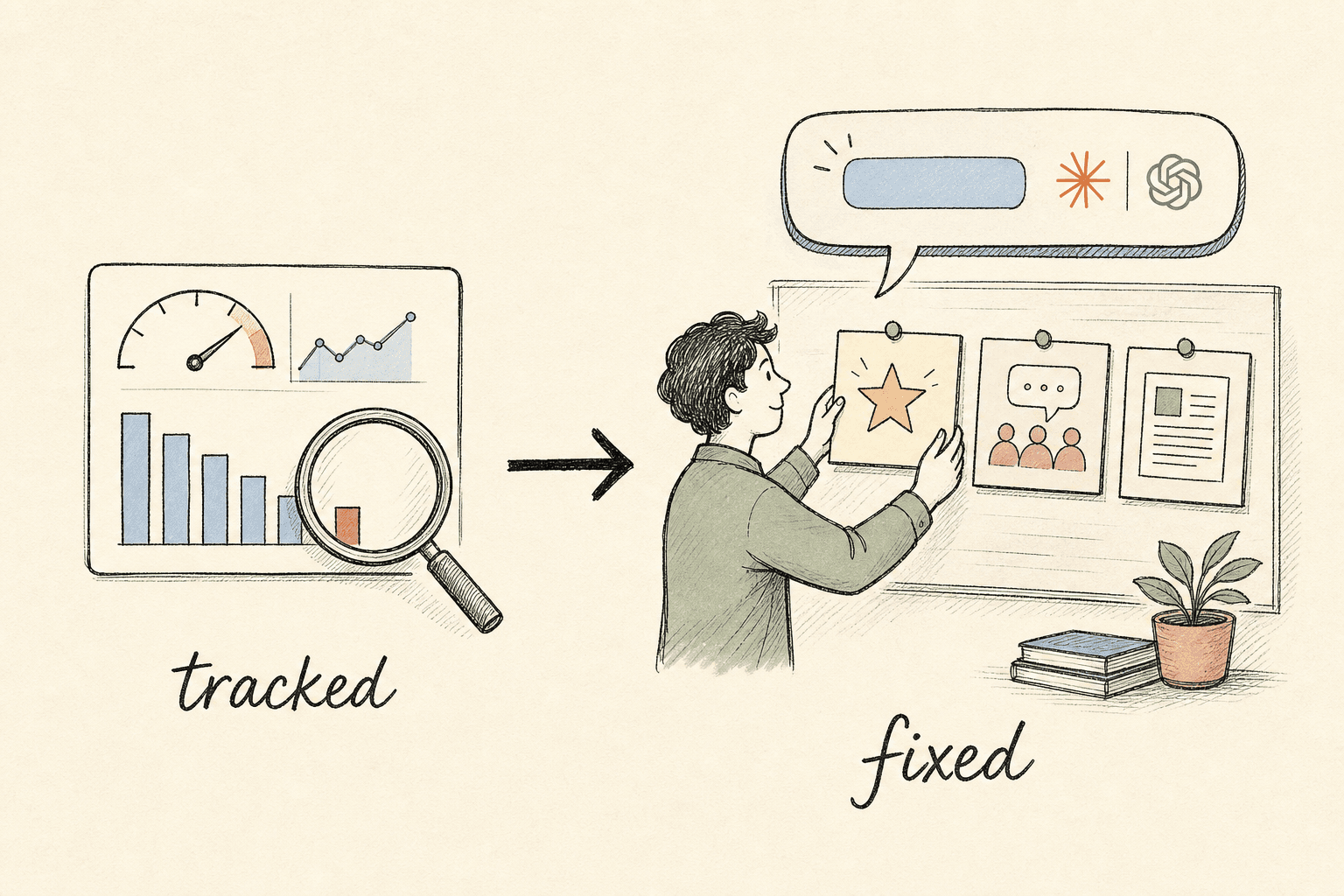 Hand-drawn editorial illustration: a visibility dashboard labelled 'tracked' on the left; on the right a person pinning up off-site proof โ reviews, community threads, articles โ that gets a brand cited in an AI answer, labelled 'fixed'.