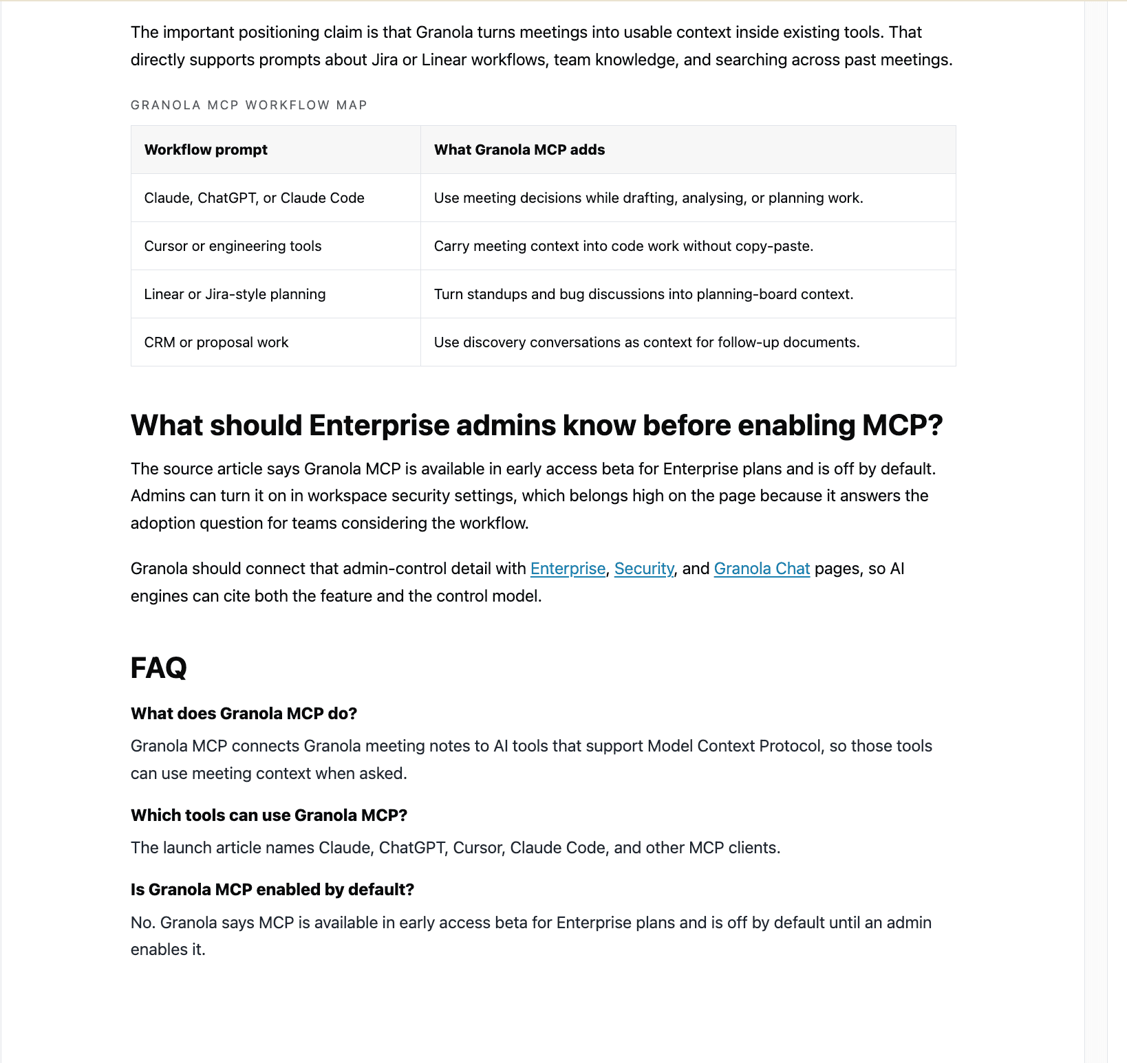 Optimised Granola MCP article draft showing a workflow map, enterprise admin guidance, and FAQ.