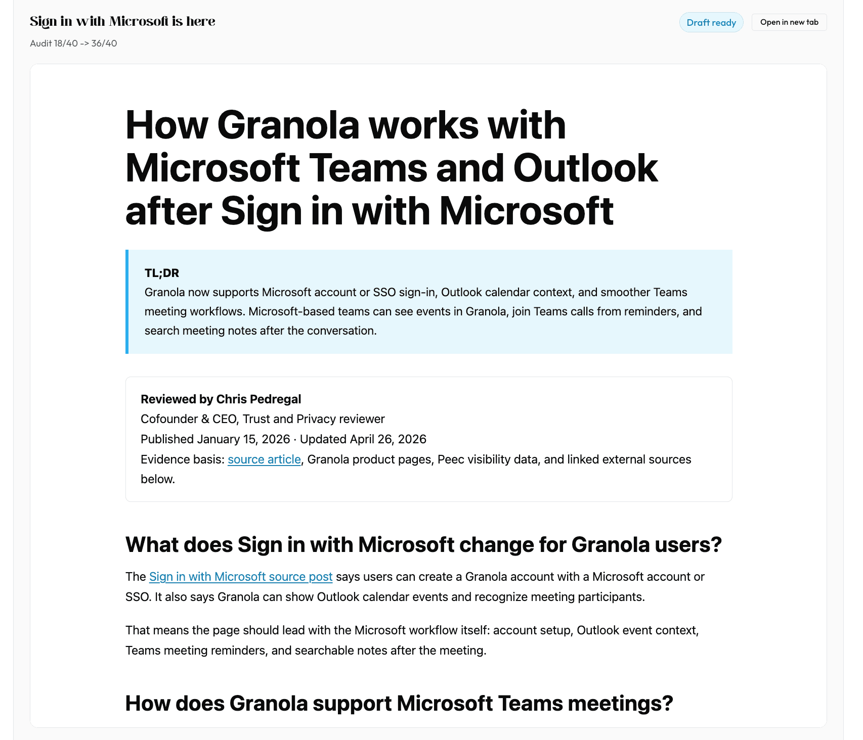 Optimierter Microsoft-Artikeldraft mit Teams- und Outlook-Positionierung, TL;DR, Vertrauensblock und Microsoft-Workflow-Abschnitten.
