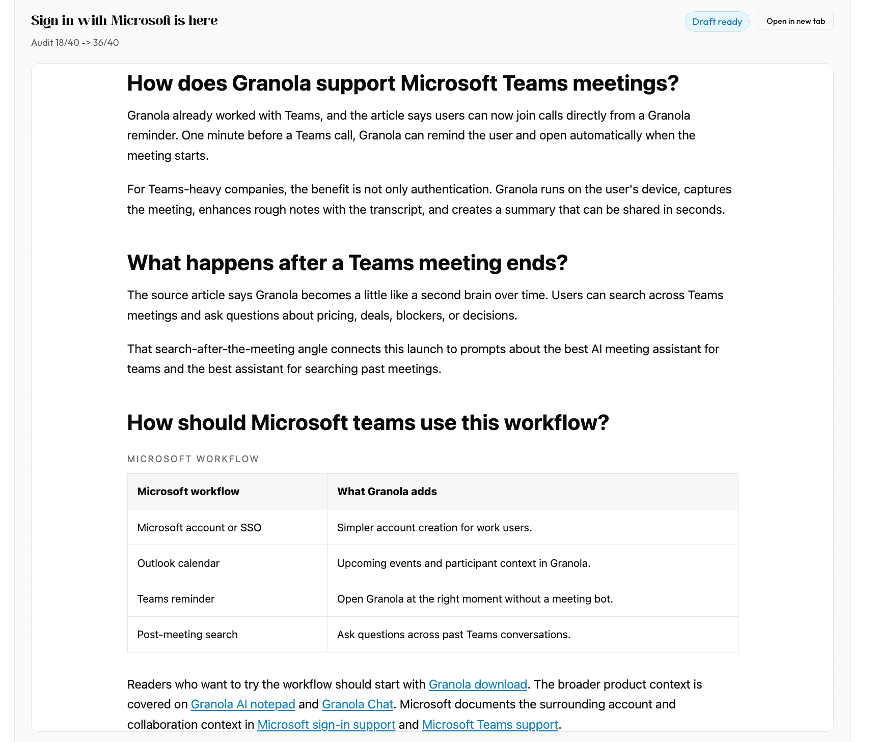Optimierter Microsoft-Artikeldraft mit Teams-Meeting-Abschnitten, Microsoft-Workflow-Tabelle und Support-Links.