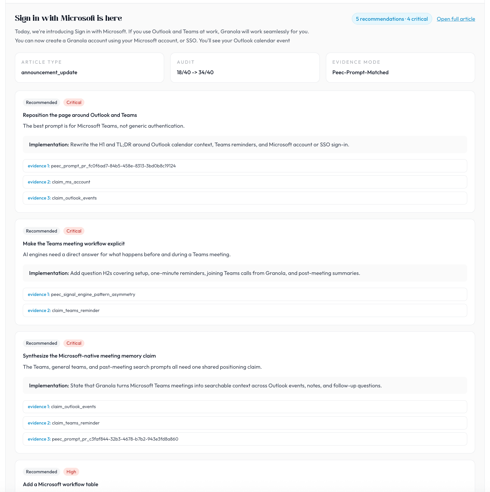 Empfehlungskarten für den Microsoft-Anmeldeartikel mit Optimierungsmaßnahmen zu Outlook und Teams Workflows.